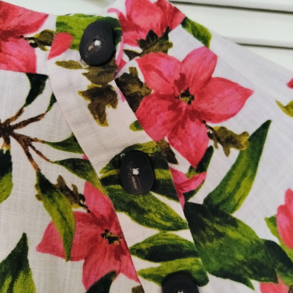Zara Linen Blend Tropical Floral Blouse Green/Pink Size M Hawaiian - Picture 6 of 7